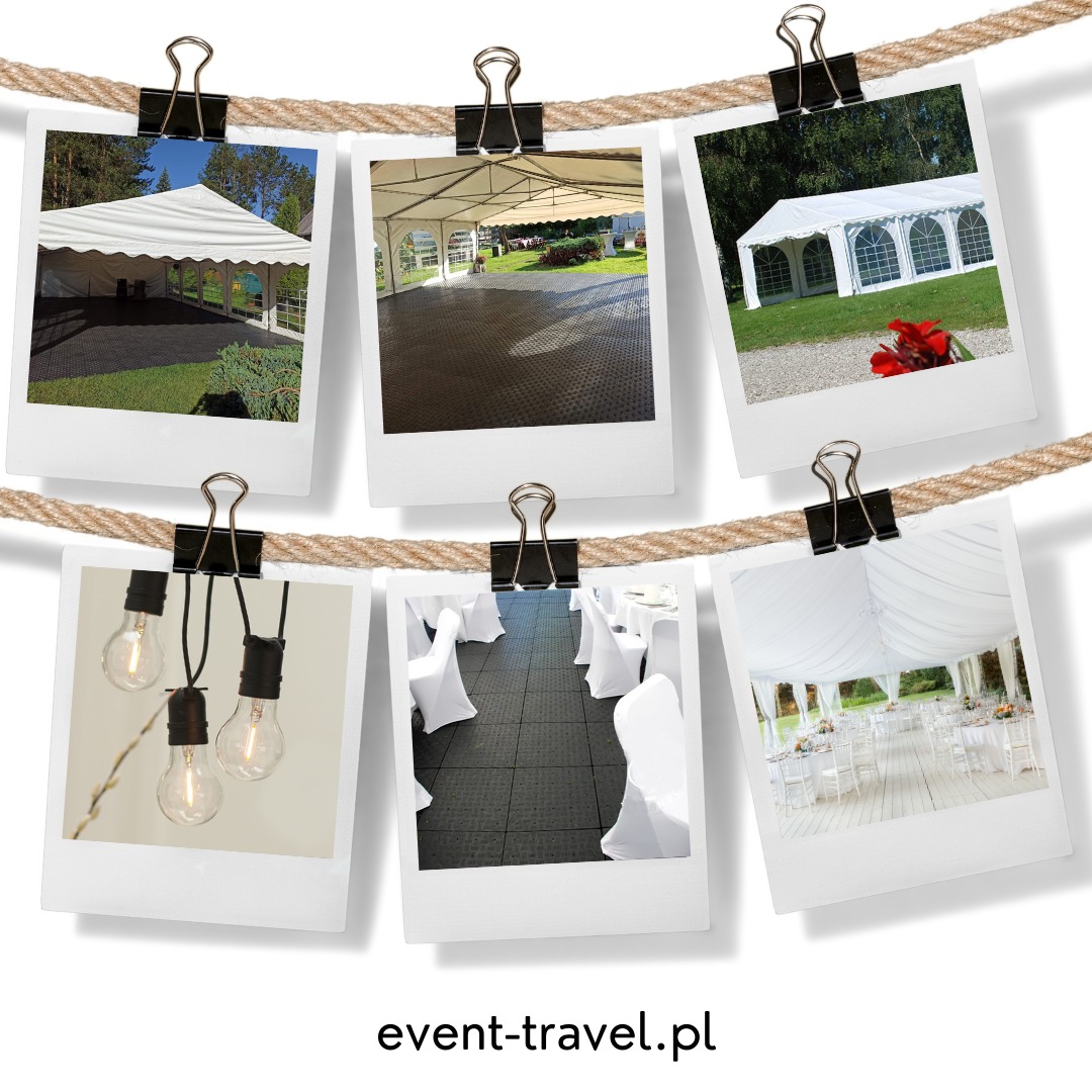 Sześć polaroidów zawieszonych na sznurku, przedstawiających różne ujęcia białych namiotów eventowych, oświetlenie żarówkowe i krzesła w pokrowcach, z widocznym adresem strony internetowej na dole.