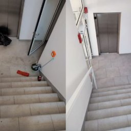 Czysta sprawa24 - Klatka schodowa w bloku mieszkalnym: po lewej stronie schody przed sprzątaniem z workiem śmieci i narzędziami do sprzątania, po prawej stronie schody po sprzątaniu, widoczny efekt czystości.