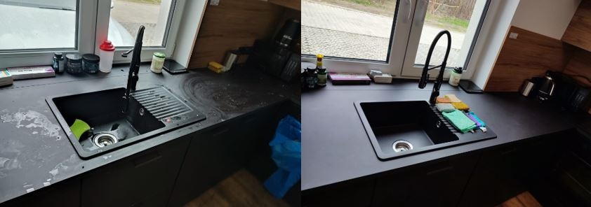 Porównanie zlewu kuchennego przed i po czyszczeniu, widoczne ślady brudu i smug na blacie przed, czysty i lśniący po, czarna bateria i zlew, okno w tle.