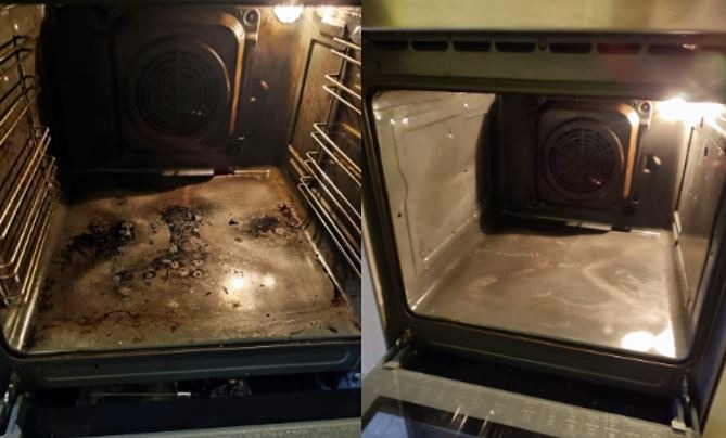 Porównanie wnętrza piekarnika przed i po czyszczeniu: po lewej mocno zabrudzony, przypalony tłuszcz, po prawej czysty i lśniący, z widocznymi śladami użycia środków czyszczących.