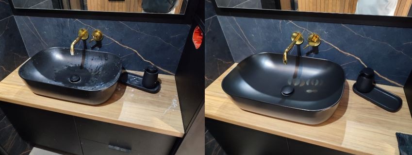 Porównanie czarnej umywalki nablatowej przed i po czyszczeniu, z widocznymi śladami brudu i kamienia przed oraz lśniącą powierzchnią po, na tle marmurowej ściany z złotymi żyłkami...