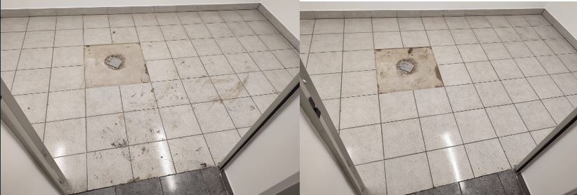 Porównanie stanu podłogi z płytek przed i po czyszczeniu, widoczne plamy i zabrudzenia po lewej stronie oraz czysta powierzchnia po prawej, z centralnie umieszczonym kwadratowym otworem...