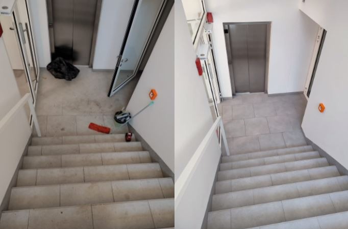 Klatka schodowa w bloku mieszkalnym: po lewej stronie schody przed sprzątaniem z workiem śmieci i narzędziami do sprzątania, po prawej stronie schody po sprzątaniu, widoczny efekt czystości.