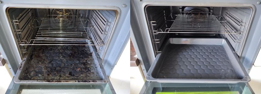 Porównanie wnętrza piekarnika przed i po czyszczeniu: po lewej mocno zabrudzona blacha i ślady przypaleń, po prawej czysta blacha z wytłoczonym wzorem plastra miodu.
