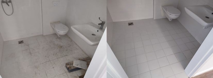 Zdjęcie łazienki przed i po czyszczeniu, z widoczną różnicą w czystości płytek podłogowych, umywalki i toalety.