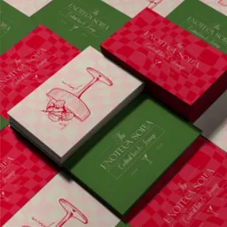 Stos wizytówek w kolorach zieleni, czerwieni i różu z logo 'The Enoteca Solea Cocktail bar & Lounge', zawierające grafiki koktajli i owoców.