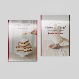 Nouva Atelier - Marta Lińska - Dwa plakaty cukierni 'Crème & Crust' z ciastem kremowym i pieczywem, na białym tle. Czerwone obramowanie plakatów, minimalistyczny design.