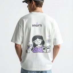 Nouva Atelier - Marta Lińska - Biała koszulka z nadrukiem dziewczyny czytającej książkę, widziana z tyłu na mężczyźnie w dżinsach i czapce z daszkiem, na jednolitym tle.