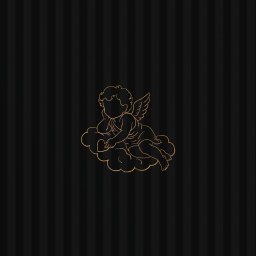 Nouva Atelier - Marta Lińska - Złota grafika przedstawia aniołka siedzącego na chmurze na tle czarnych, pionowych pasków. Minimalistyczny design z subtelnym połyskiem.