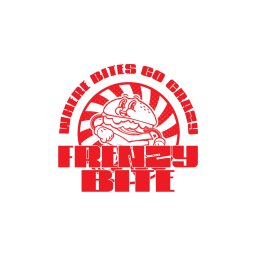 Nouva Atelier - Marta Lińska - Czerwony, wektorowy logotyp 'Frenzy Bite' z kreskówkową postacią burgera na tle promieni i hasłem 'Where Bites Go Crazy'.