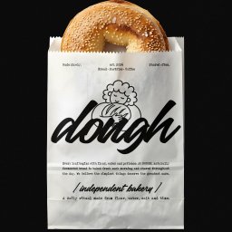 Unfold Brand - Bajgiel z sezamem wystający z białej papierowej torby z czarnym, stylizowanym logo piekarni 'dough' i opisem 'independent bakery'.