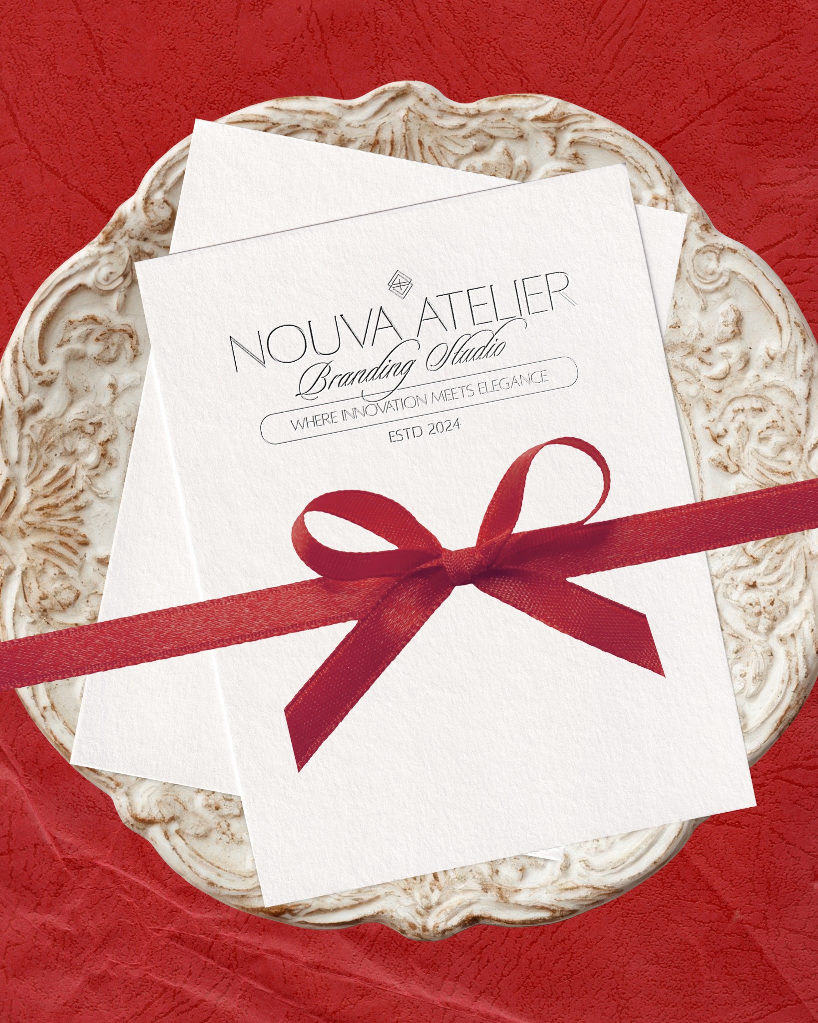 Eleganckie wizytówki 'Nouva Atelier Branding Studio' na zdobionym talerzu, przewiązane bordową wstążką na czerwonym tle. Minimalistyczny design, rok założenia 2024.