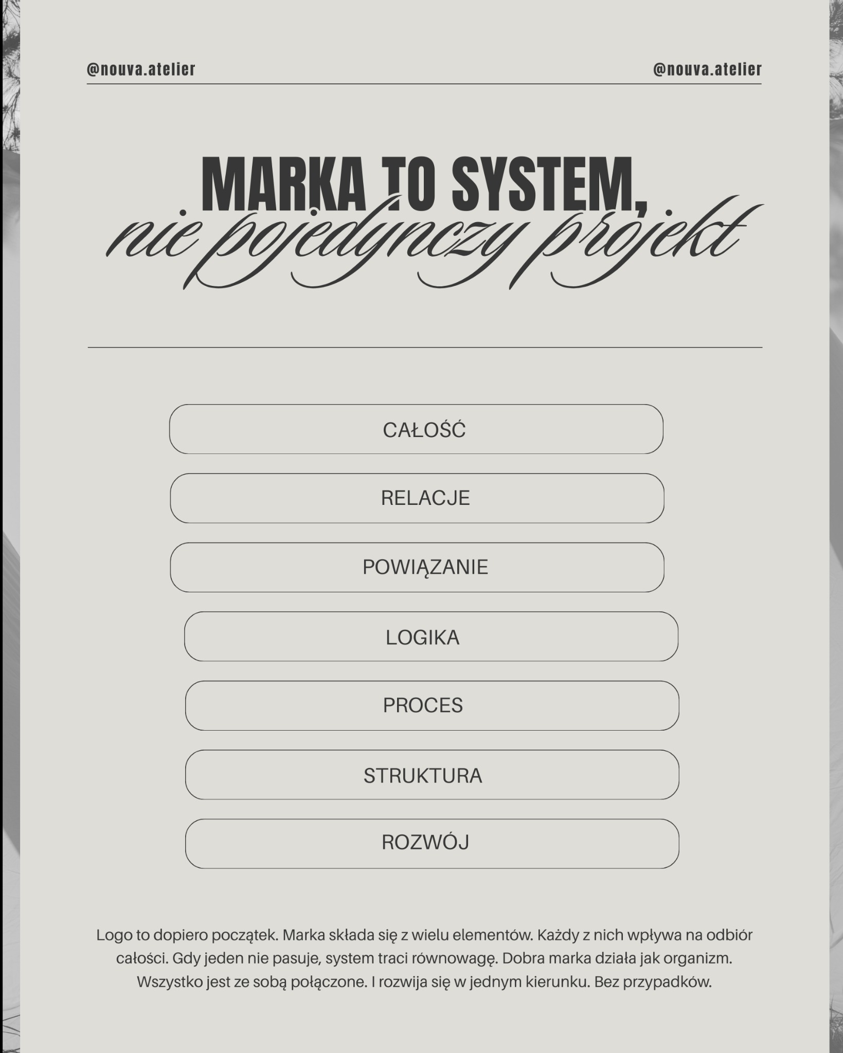 Grafika z hasłem 'Marka to system, nie pojedynczy projekt' i wypisanymi elementami składowymi marki: całość, relacje, powiązanie, logika, proces, struktura, rozwój.