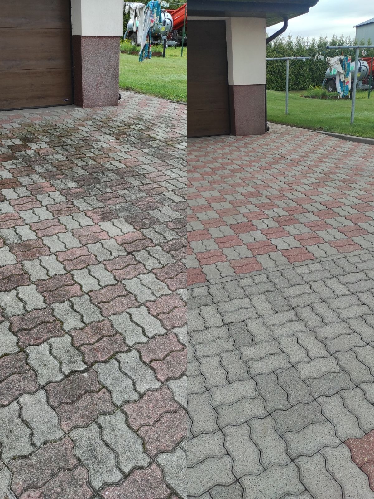 Porównanie kostki brukowej przed i po czyszczeniu; widoczna różnica w kolorze i usunięcie zabrudzeń na połowie powierzchni podjazdu.