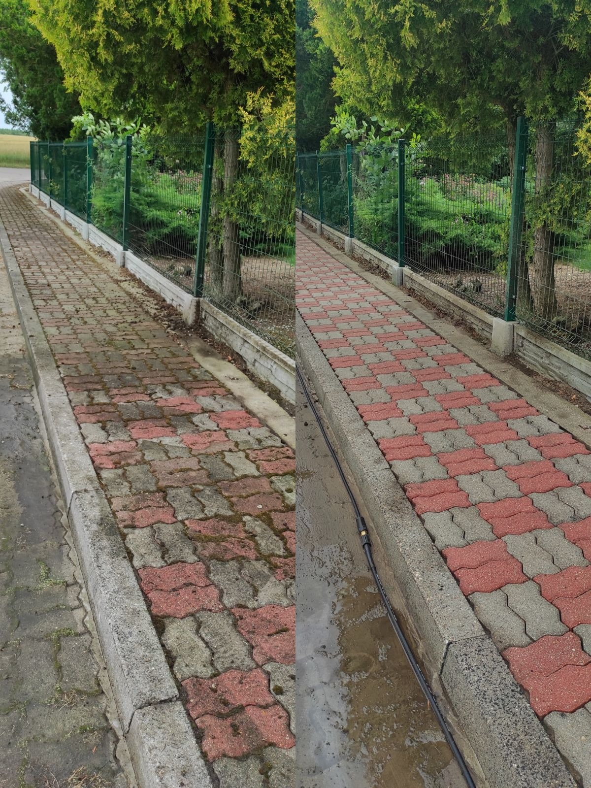 Porównanie kostki brukowej przed i po czyszczeniu, widoczna różnica w kolorze i usunięte zabrudzenia, fragment węża ciśnieniowego w kadrze.