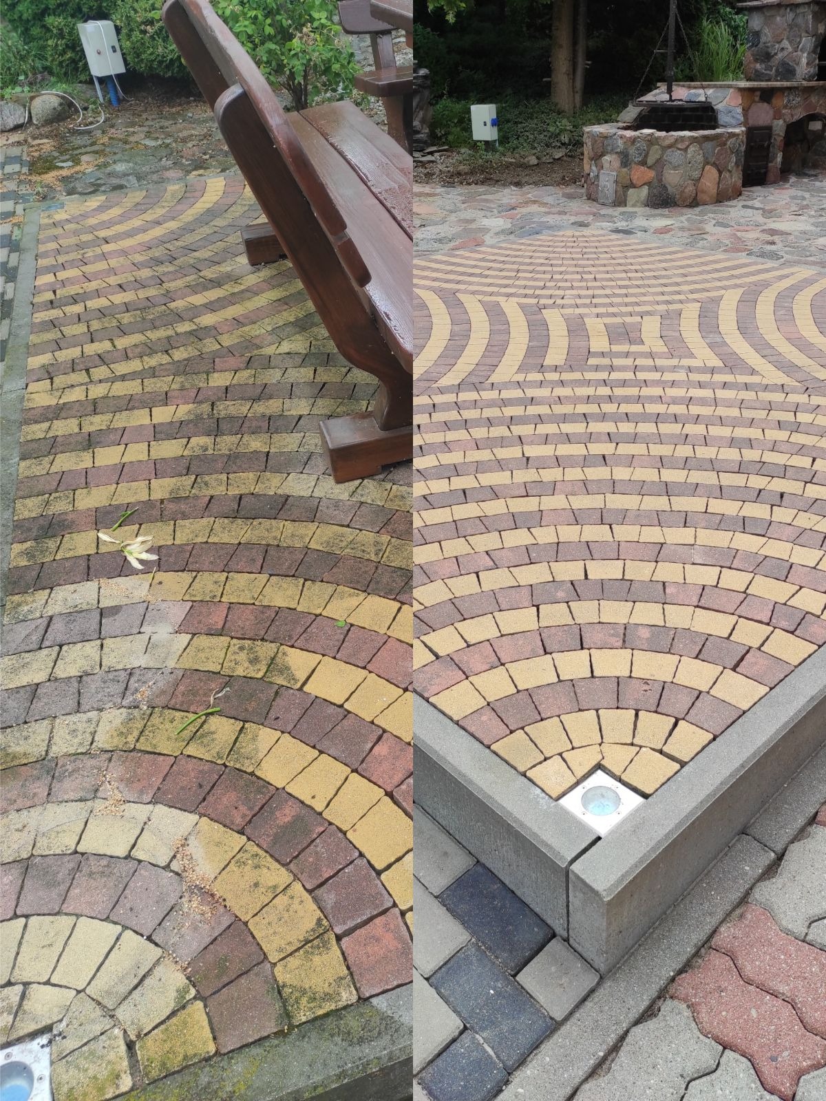 Porównanie kostki brukowej przed i po czyszczeniu: lewa strona zabrudzona, porośnięta mchem, z resztkami liści, prawa strona czysta z widocznym wzorem ułożenia w łuk, fragment ławki ogrodowej...