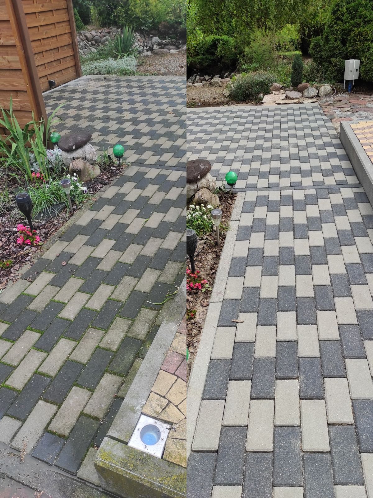 Ułożona z szaro-czarnych kostek brukowych ścieżka w ogrodzie z oświetleniem punktowym i roślinami ozdobnymi po bokach, widoczne zabrudzenia i mchy na kostce.