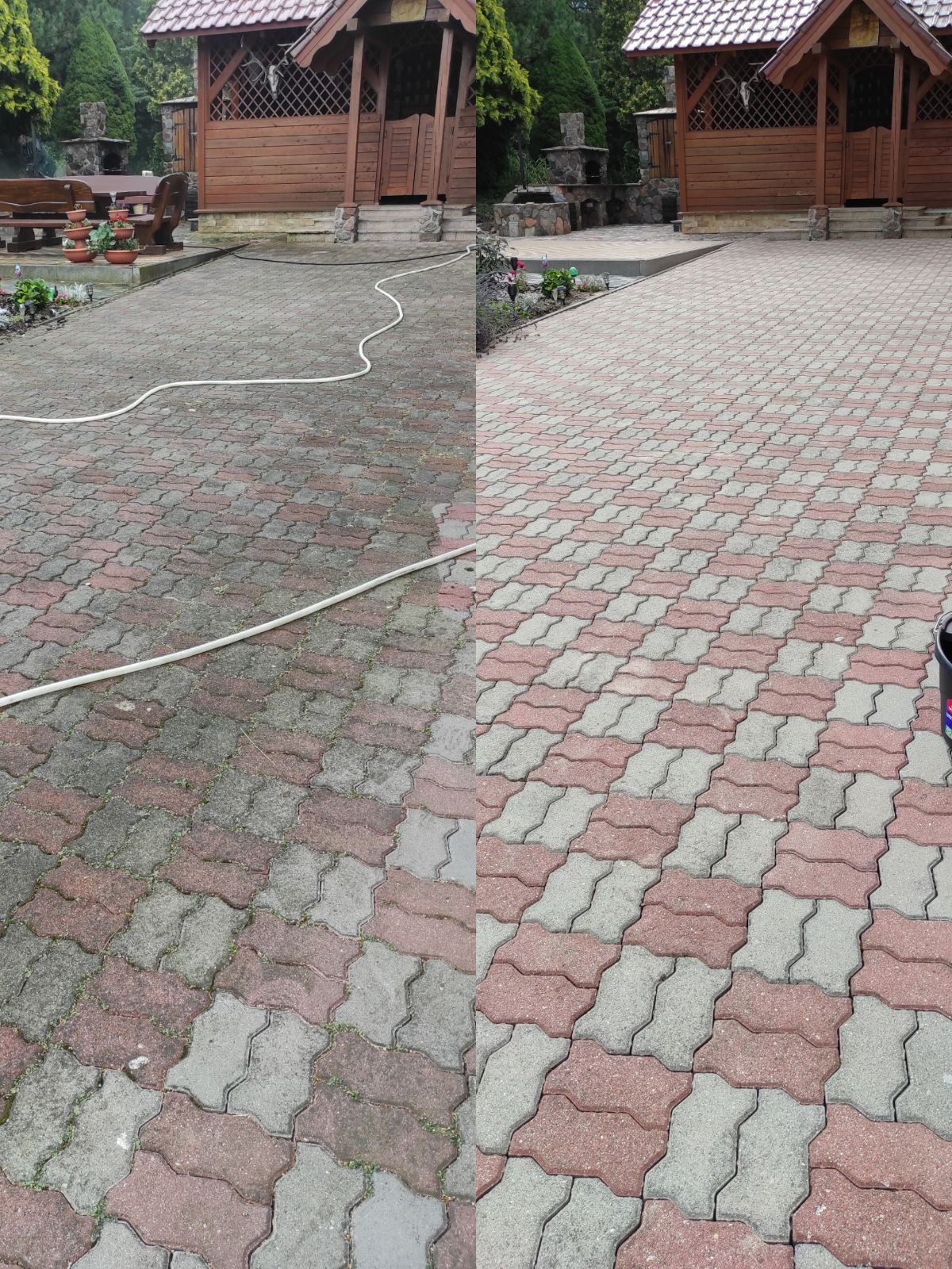 Porównanie kostki brukowej przed i po czyszczeniu wysokociśnieniowym, widoczny biały wąż i fragment wiaderka z preparatem czyszczącym.