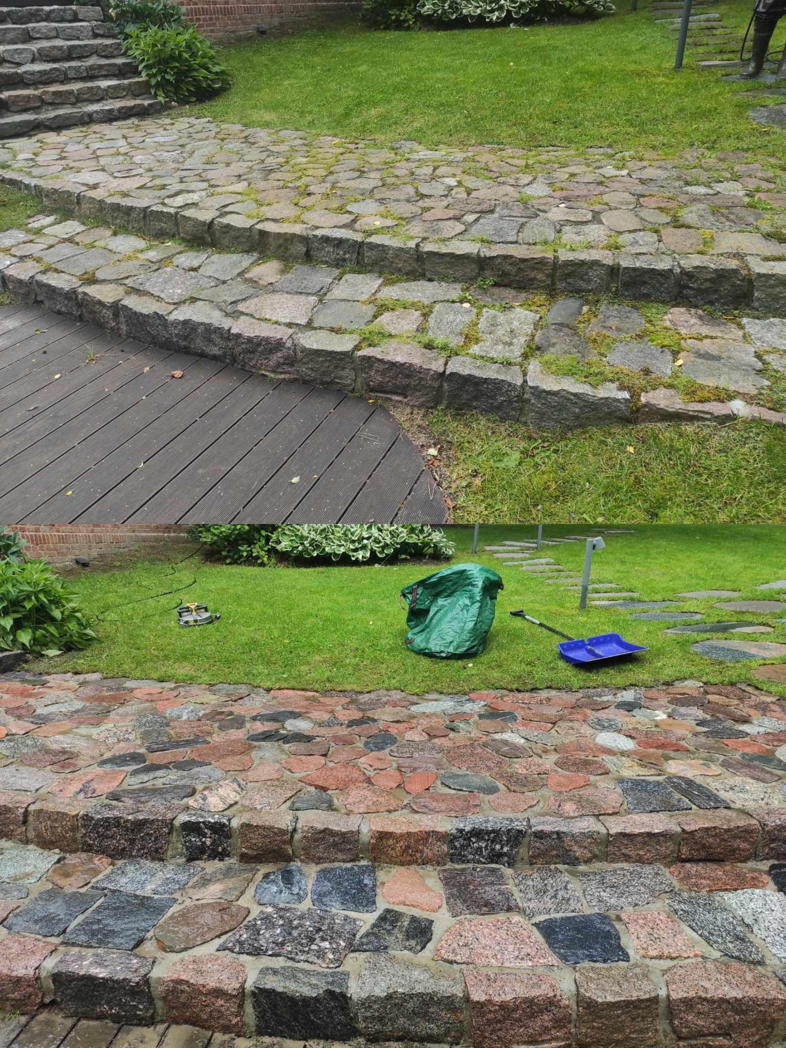 Widok z góry na teren zielony z kamiennymi schodami i ścieżkami, z zielonym workiem, niebieską szuflą i zraszaczem do trawy, sugerujący prace ogrodowe w toku.