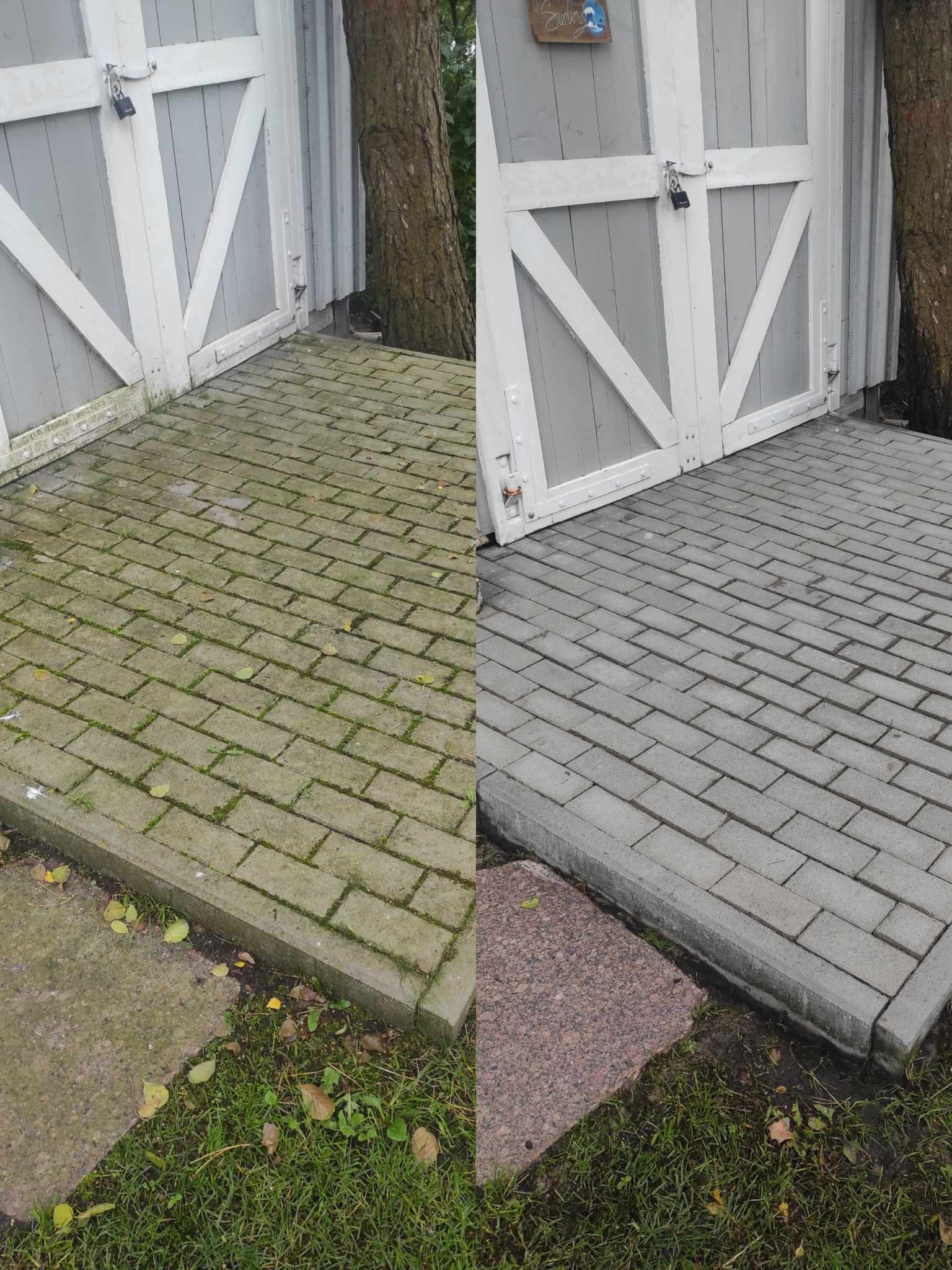 Porównanie kostki brukowej przed i po czyszczeniu, widoczne różnice w kolorze i usunięciu mchu.