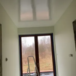 Świeżo pomalowany sufit w jasnym odcieniu z widocznymi refleksami światła, drabina aluminiowa oparta o okno balkonowe zabezpieczone folią malarską, widok na zewnątrz z drzewami bez liści.