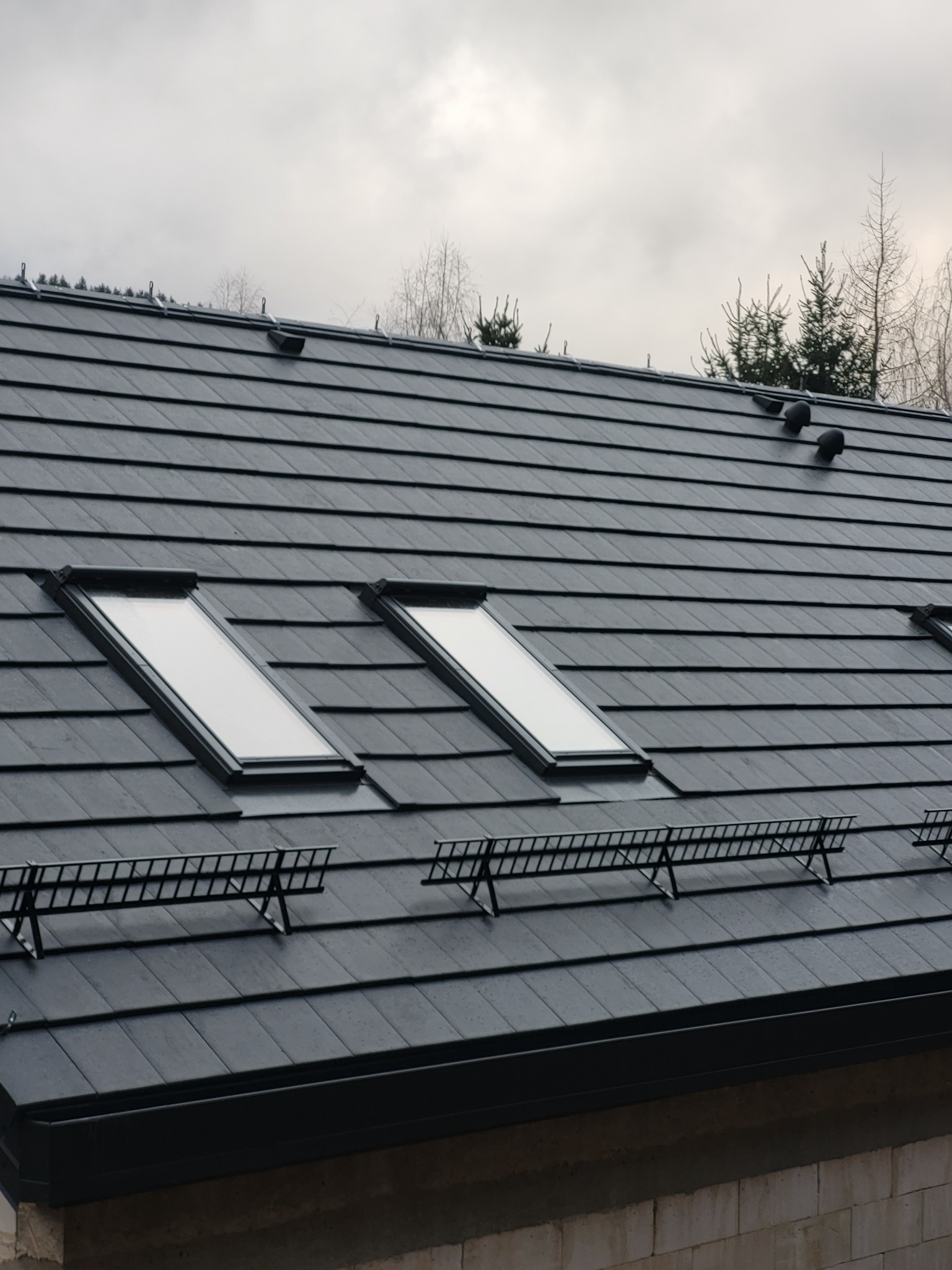 Grafitowy dach z oknami połaciowymi i zabezpieczeniami przeciwśniegowymi na tle pochmurnego nieba i drzew. Widok z dołu na wykończony dach.