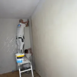 Dwóch malarzy na drabinie podczas malowania ścian w pokoju, widoczny fragment ściany z wzorem i ściany już pomalowanej na jasny kolor, wiadro z farbą na drabinie, narzędzia malarskie.