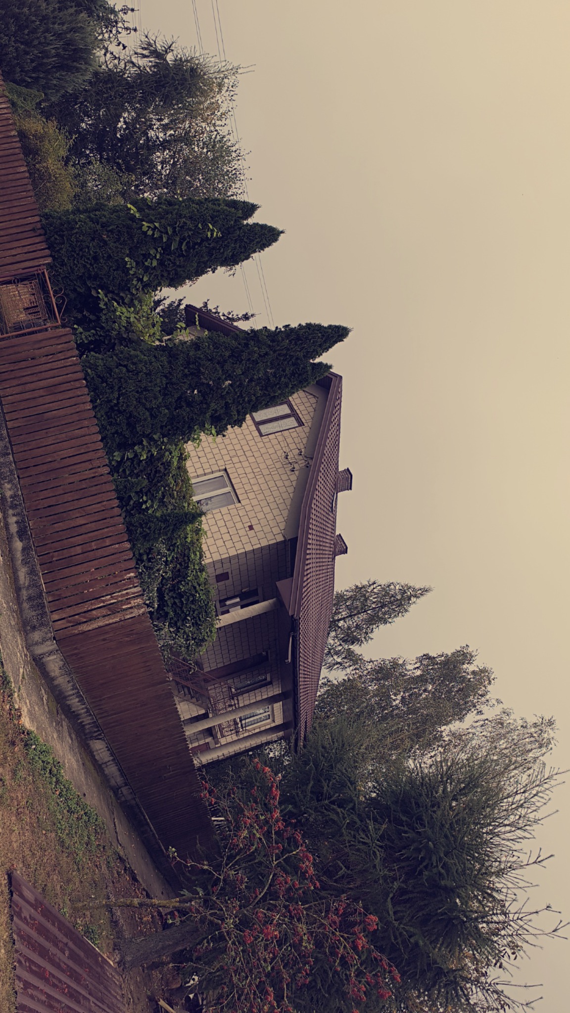 Dom jednorodzinny z brązowym dachem, widoczny z perspektywy ogrodu, z drewnianym ogrodzeniem i bujną roślinnością.