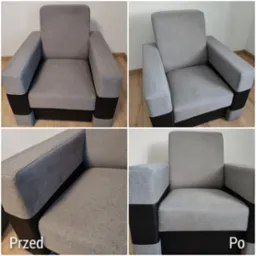 Kolaż przedstawiający szary fotel z czarnymi akcentami w układzie przed i po czyszczeniu, wykonany w Kątach Wrocławskich. Widoczne różnice w czystości tapicerki, szczególnie na siedzisku...