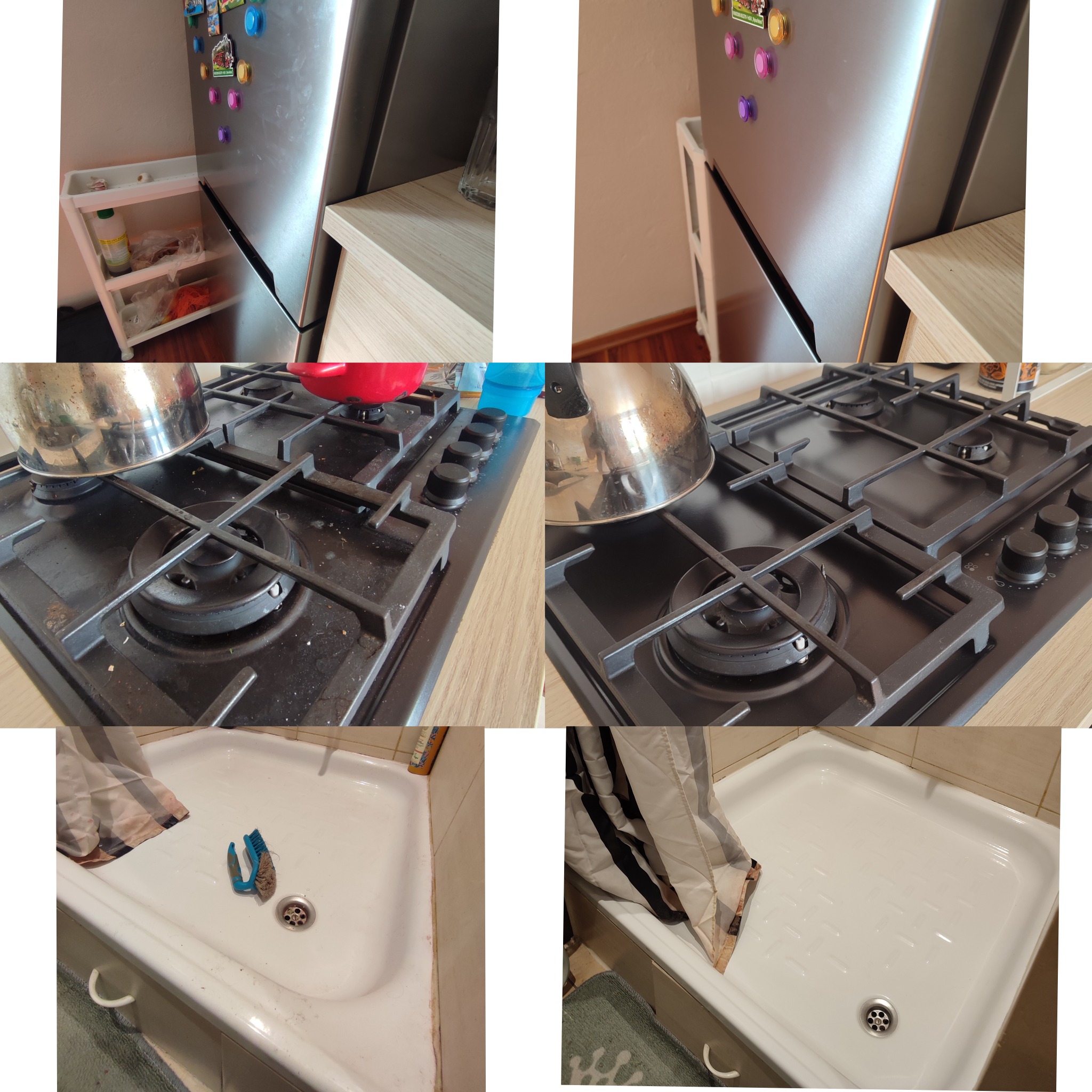 Kolaż przedstawiający brudną kuchenkę gazową z garnkami, zanieczyszczony brodzik z szczotką do czyszczenia oraz lodówkę z magnesami, wymagające gruntownego wysprzątania.