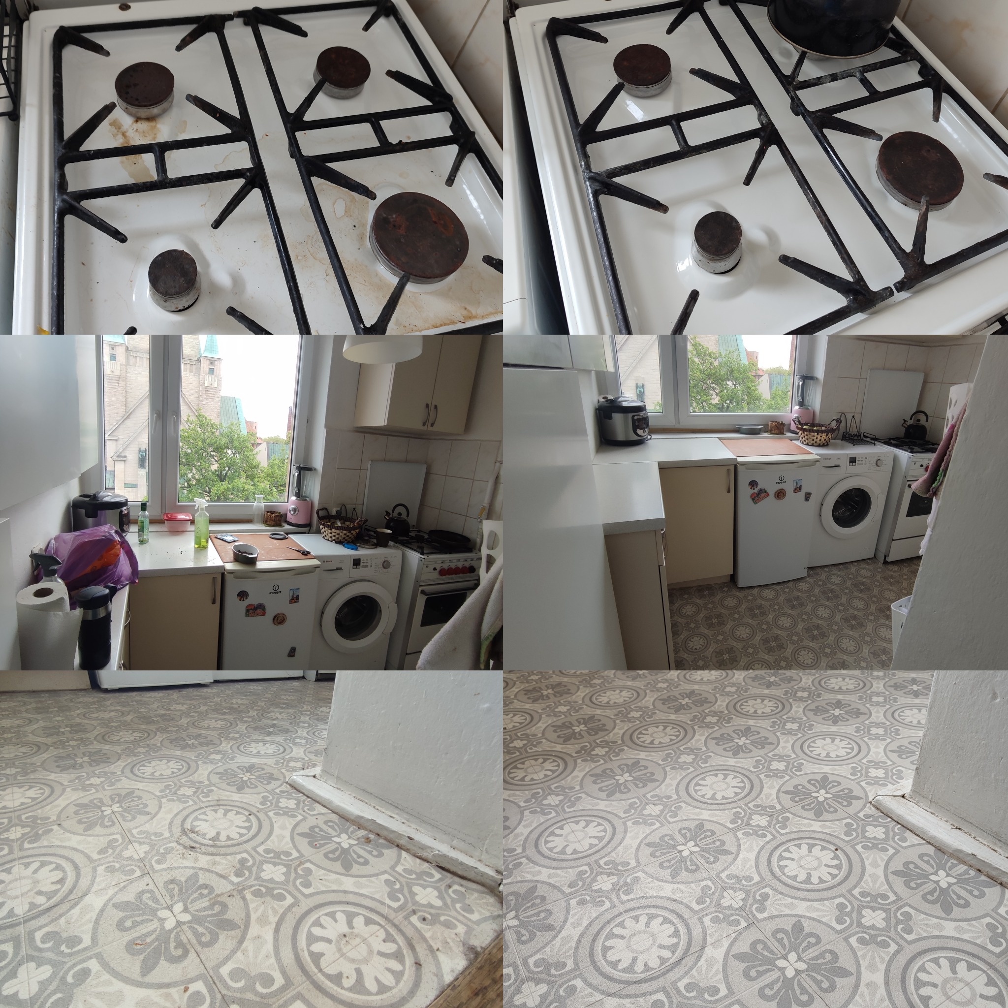 Kuchnia z widokiem na kościół przez okno, brudna płyta gazowa i podłoga z wzorzystymi płytkami przed i po czyszczeniu, widoczna pralka i inne sprzęty kuchenne.
