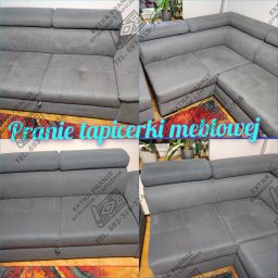 Extra pranie dywanów i tapicerek - Czteropanelowe ujęcie szarego narożnika: zbliżenie na teksturę materiału przed i po czyszczeniu, widoczne logo firmy czyszczącej, fragment dywanu pod meblem i roślina doniczkowa w tle.