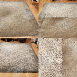 Kolaż prezentujący dywan z wzorem przed i po czyszczeniu, widoczne różnice w odcieniach i usunięte zabrudzenia, na zdjęciach nałożony znak wodny firmy zajmującej się praniem dywanów.