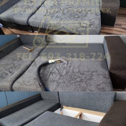 Extra pranie dywanów i tapicerek - Rozkładana szaro-brązowa narożna kanapa z widocznymi plamami przed i w trakcie prania ekstrakcyjnego z użyciem dyszy i węża ssącego; w dolnej części widoczny schowek pod siedziskiem.