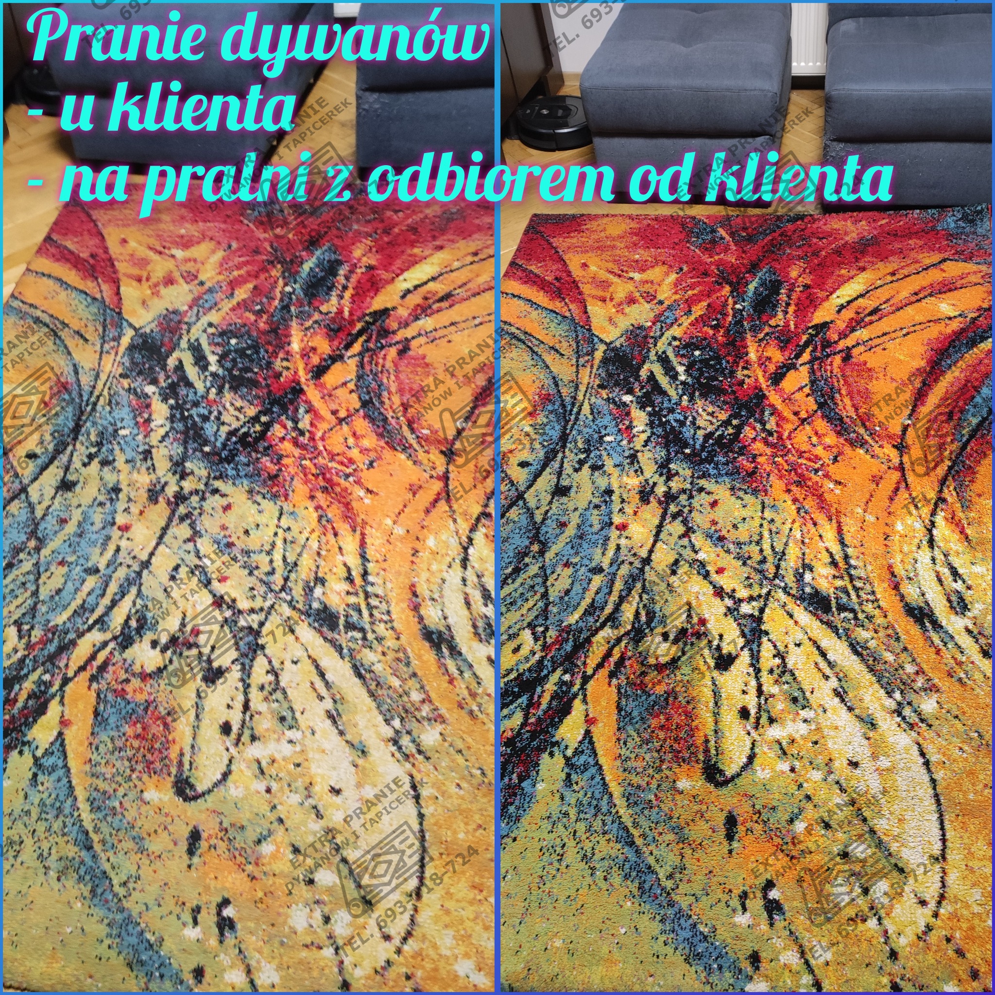 Porównanie dywanu o abstrakcyjnym wzorze przed i po praniu, widoczne różnice w kolorach i czystości włókien, w tle fragmenty mebli tapicerowanych.