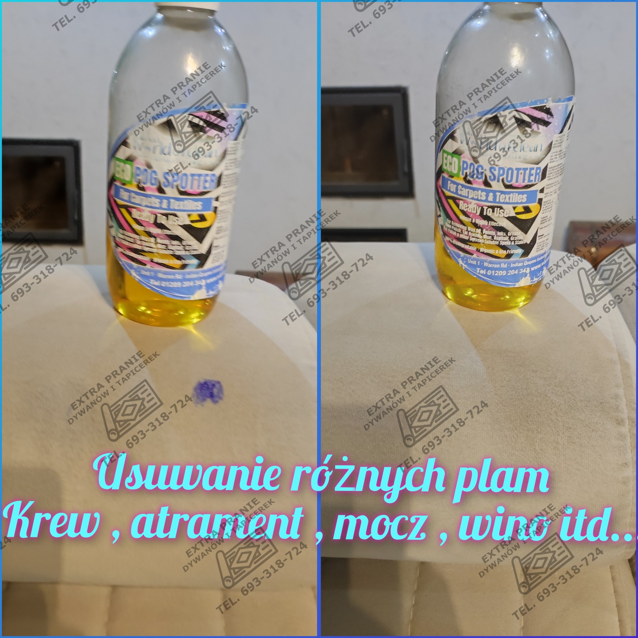 Butelka środka do usuwania plam z dywanów i tapicerki, widoczna plama na materiale przed i po użyciu preparatu, demonstracja skuteczności środka.
