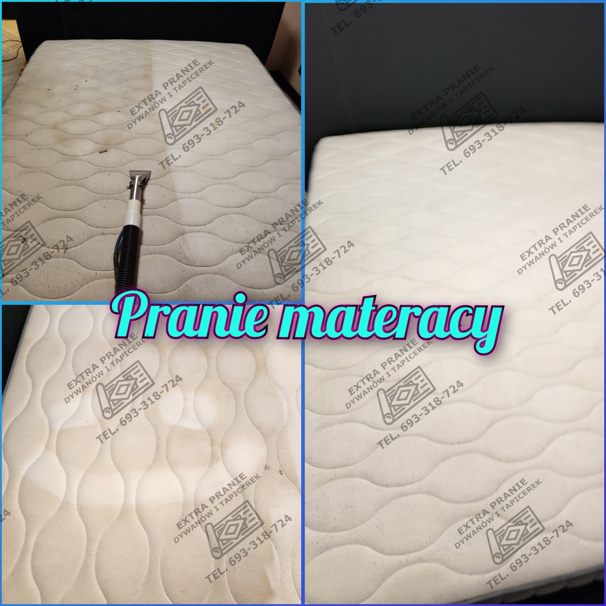 Czterodzielne ujęcie materaca: przed i po czyszczeniu, z widocznym sprzętem do ekstrakcyjnego czyszczenia tapicerki, oraz logo firmy świadczącej usługę.