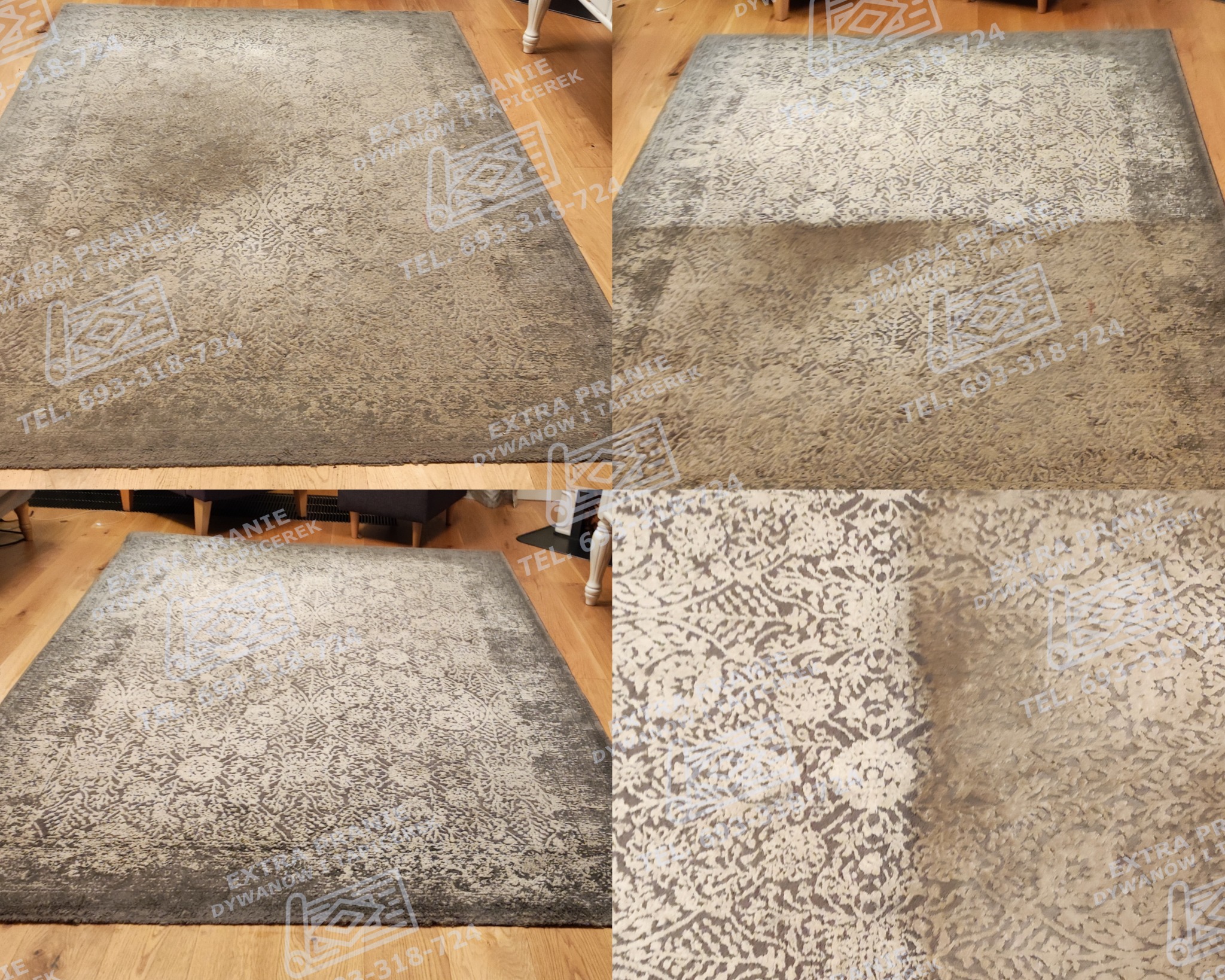 Kolaż prezentujący dywan z wzorem przed i po czyszczeniu, widoczne różnice w odcieniach i usunięte zabrudzenia, na zdjęciach nałożony znak wodny firmy zajmującej się praniem dywanów.