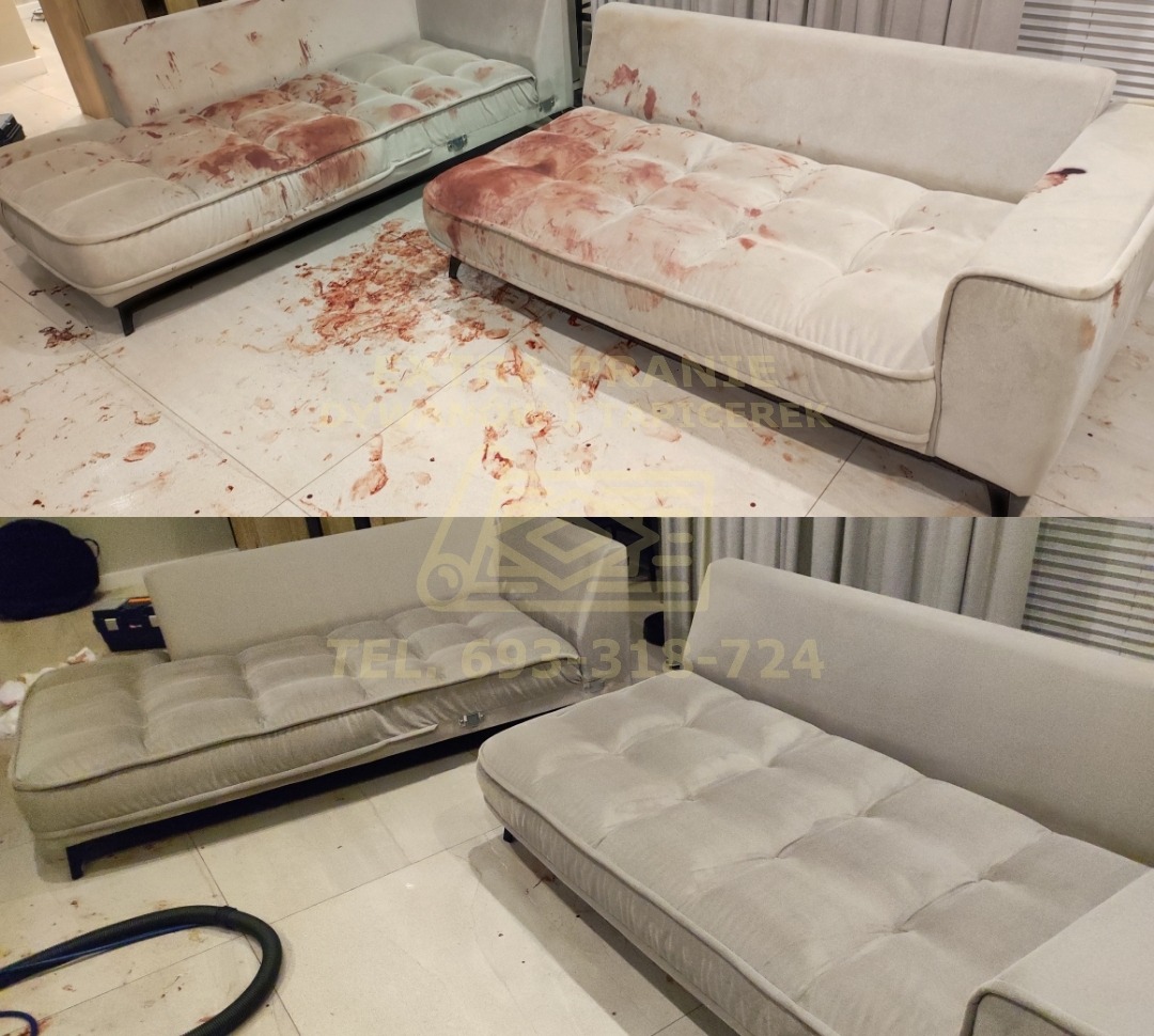 Dwie beżowe kanapy: jedna silnie zabrudzona czerwoną substancją, druga po czyszczeniu, z widocznymi śladami pracy i odkurzaczem w tle.