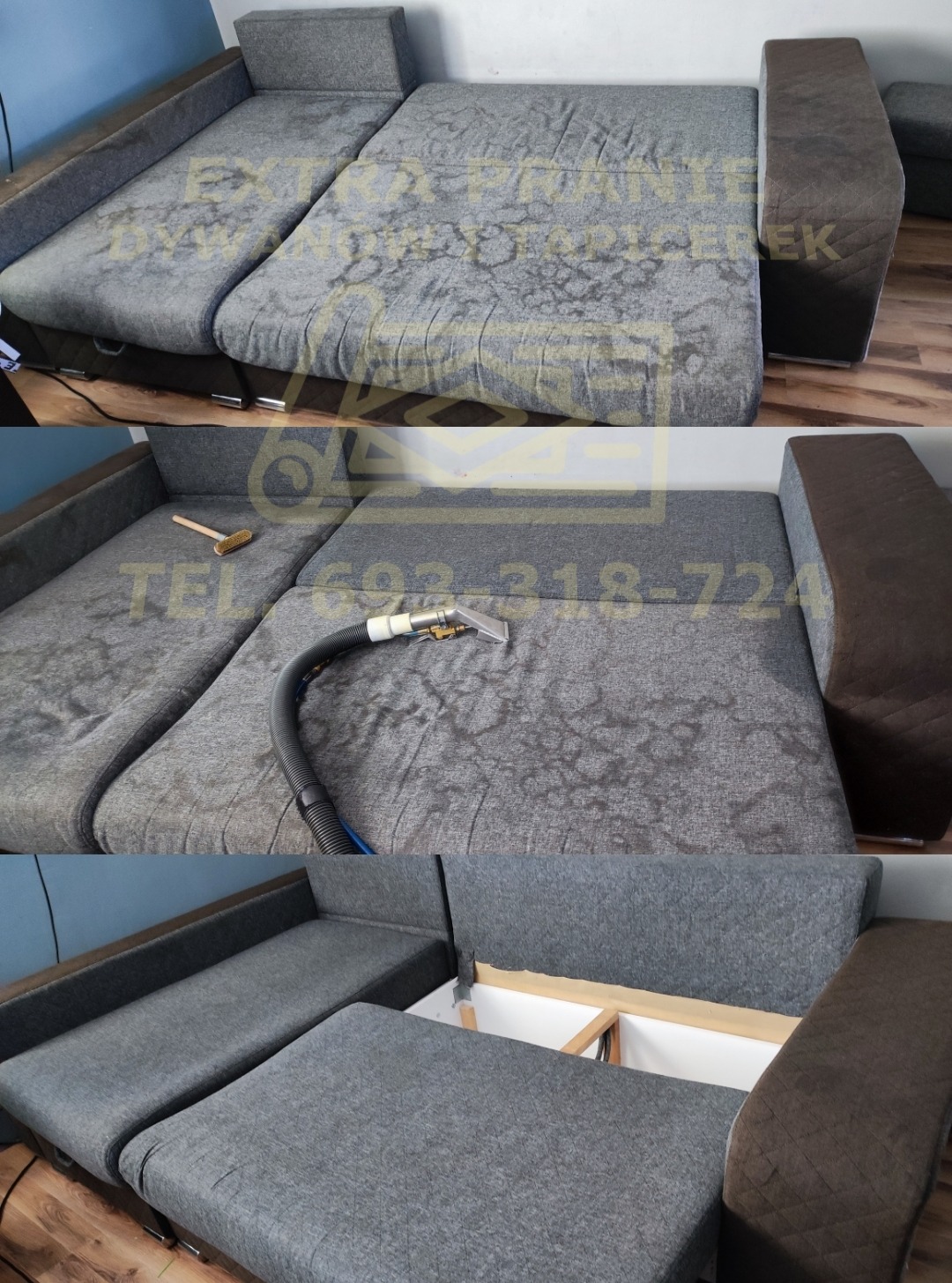 Rozkładana szaro-brązowa narożna kanapa z widocznymi plamami przed i w trakcie prania ekstrakcyjnego z użyciem dyszy i węża ssącego; w dolnej części widoczny schowek pod siedziskiem.