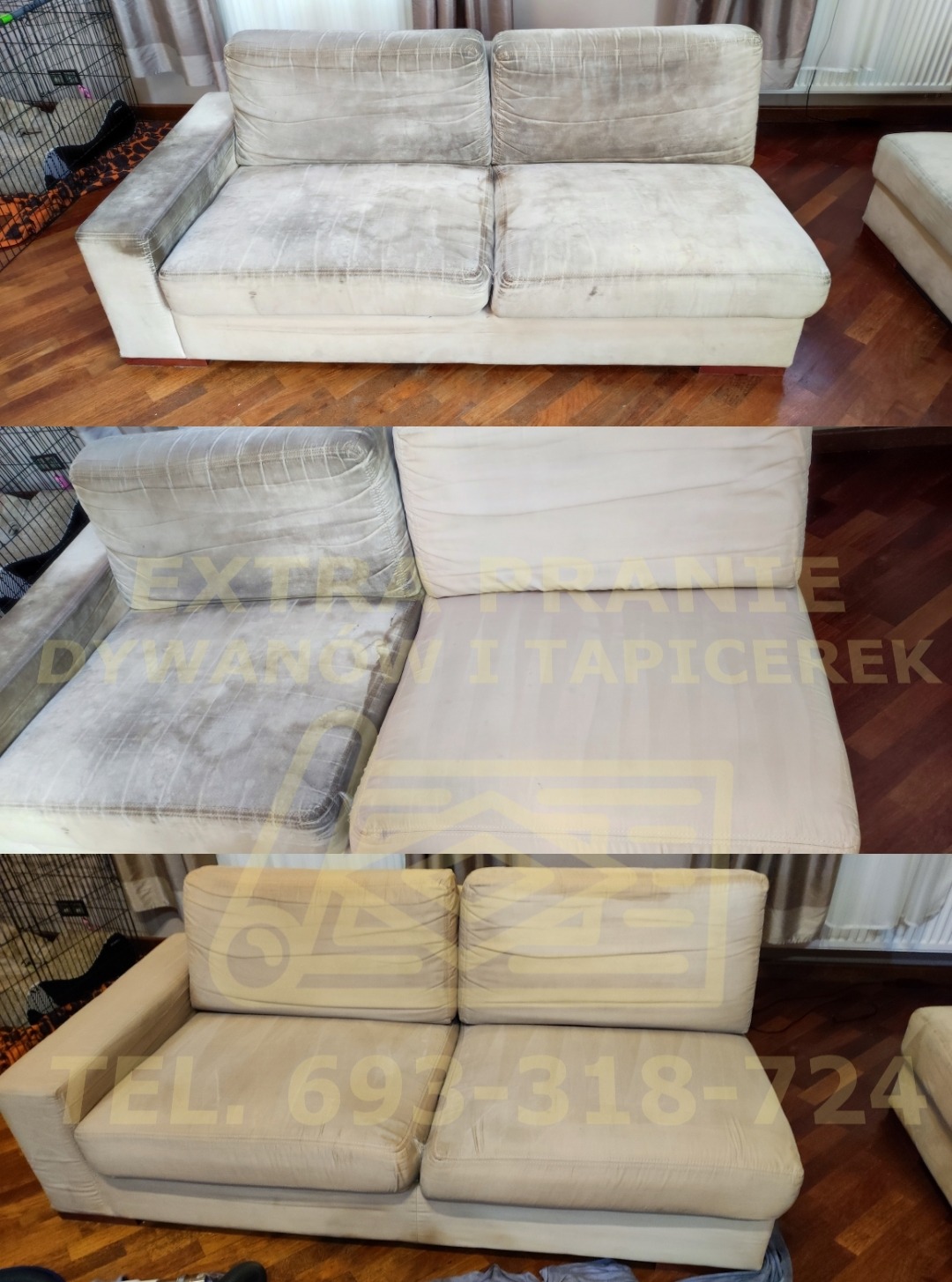 Dwuczęściowa, beżowa kanapa w trzech ujęciach: przed, w trakcie i po czyszczeniu. Widoczne wyraźne różnice w czystości tapicerki.