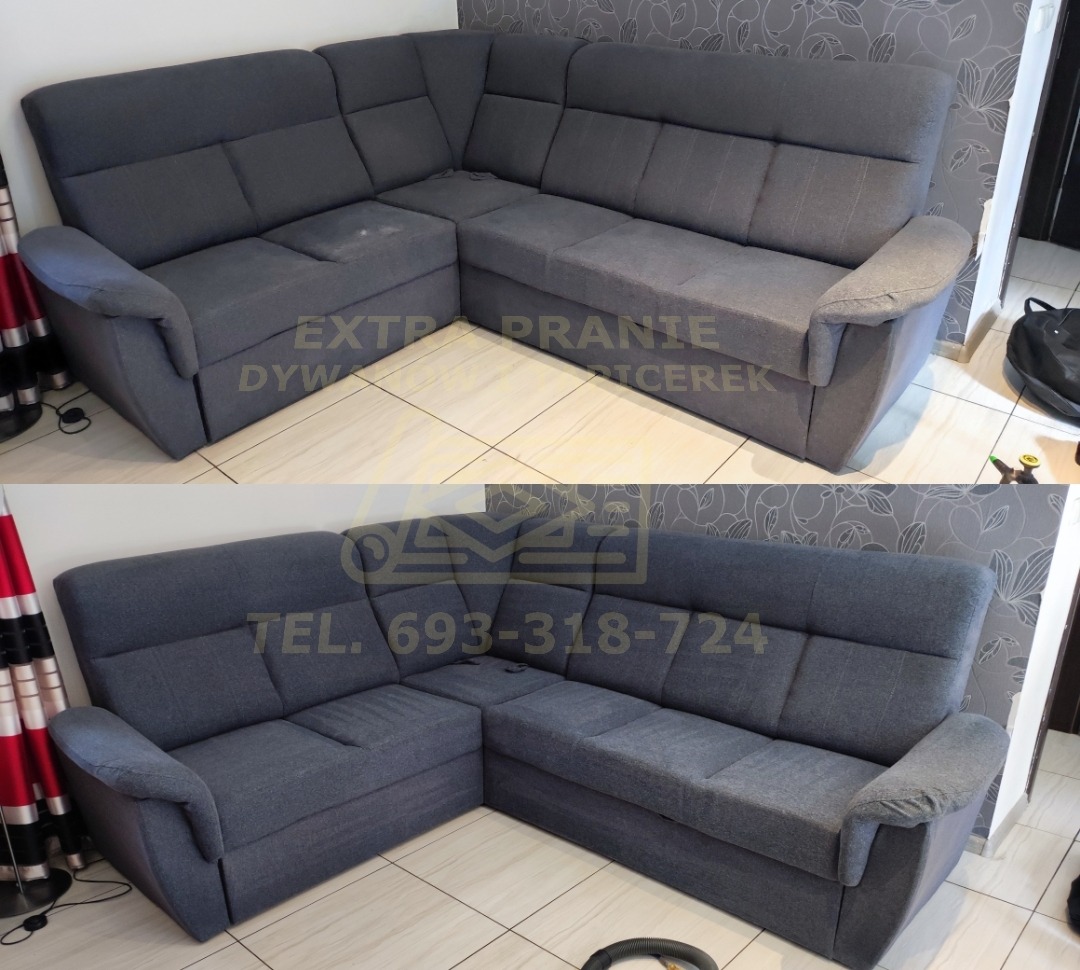 Dwuetapowe ujęcie narożnika z szarej tkaniny: górne zdjęcie ukazuje narożnik z widocznym zabrudzeniem na siedzisku, dolne zdjęcie prezentuje ten sam narożnik po czyszczeniu, z widocznym efektem...