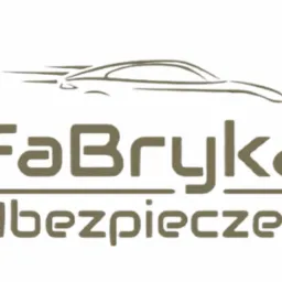 Logo firmy 'Fabryka Ubezpieczeń' z graficznym symbolem samochodu w kolorze khaki na białym tle.
