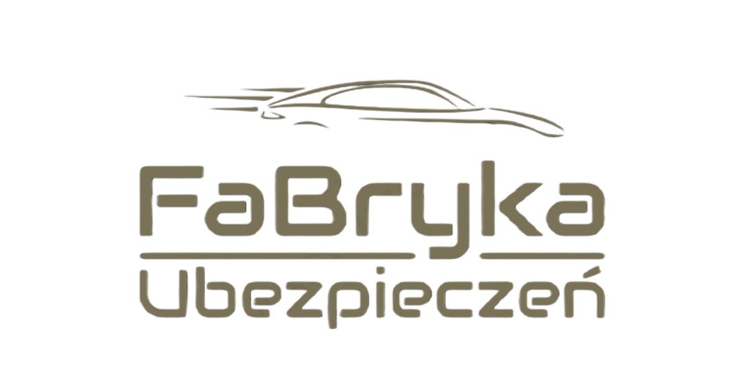 Logo firmy 'Fabryka Ubezpieczeń' z graficznym symbolem samochodu w kolorze khaki na białym tle.