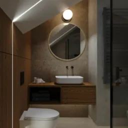 Nowoczesna łazienka z podświetlanym sufitem, okrągłym lustrem z podświetleniem, wiszącą toaletą i drewnianą szafką pod umywalką.