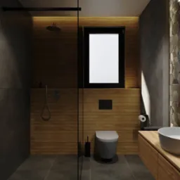 Nowoczesna aranżacja łazienki z kabiną prysznicową typu walk-in, drewnopodobnymi płytkami na ścianie, szarą toaletą podwieszaną i umywalką nablatową na drewnianej szafce, akcentowana dekoracyjną...