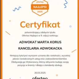 Certyfikat Oferteo Najlepsi 2025 dla Adwokat Marty Korus, Kancelaria Adwokacka, potwierdzający wysoką jakość świadczonych usług i zadowolenie klientów.