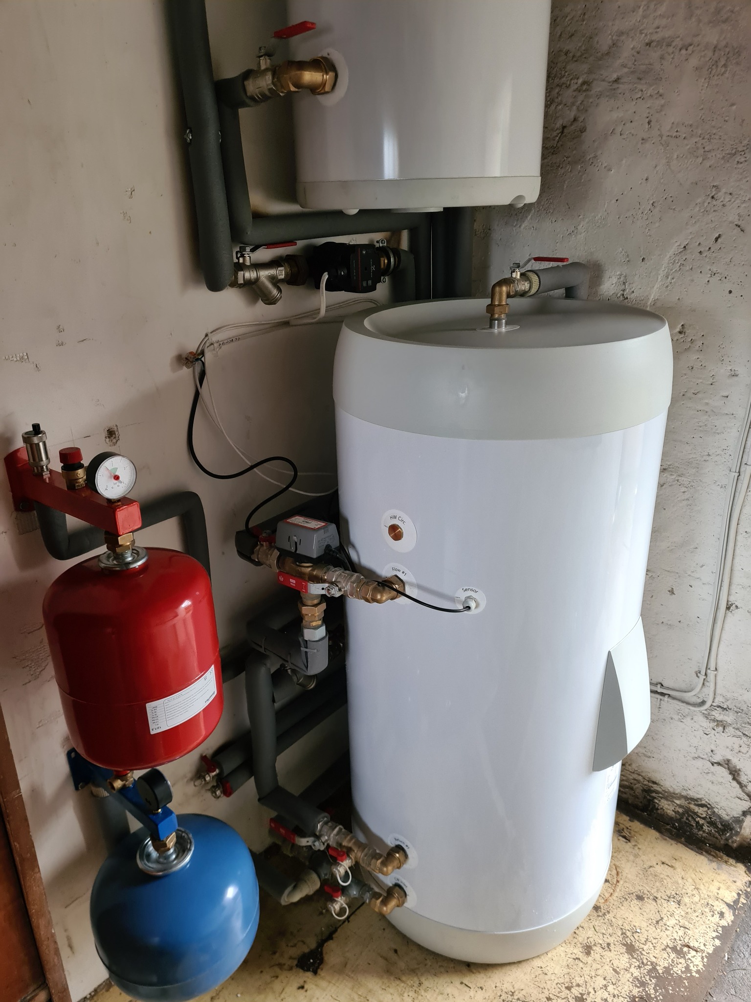 Biały zasobnik ciepłej wody z podłączonymi rurami, zaworami i manometrem, zainstalowany w pomieszczeniu technicznym o surowych ścianach.
