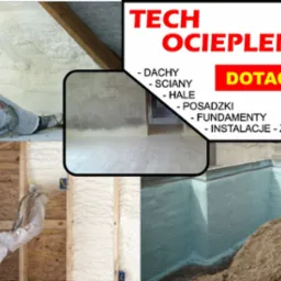 Kolaż zdjęć prezentujący prace ociepleniowe: natrysk pianki na poddaszu, izolacja ścian oraz zabezpieczenie fundamentów, z informacją o dotacjach.