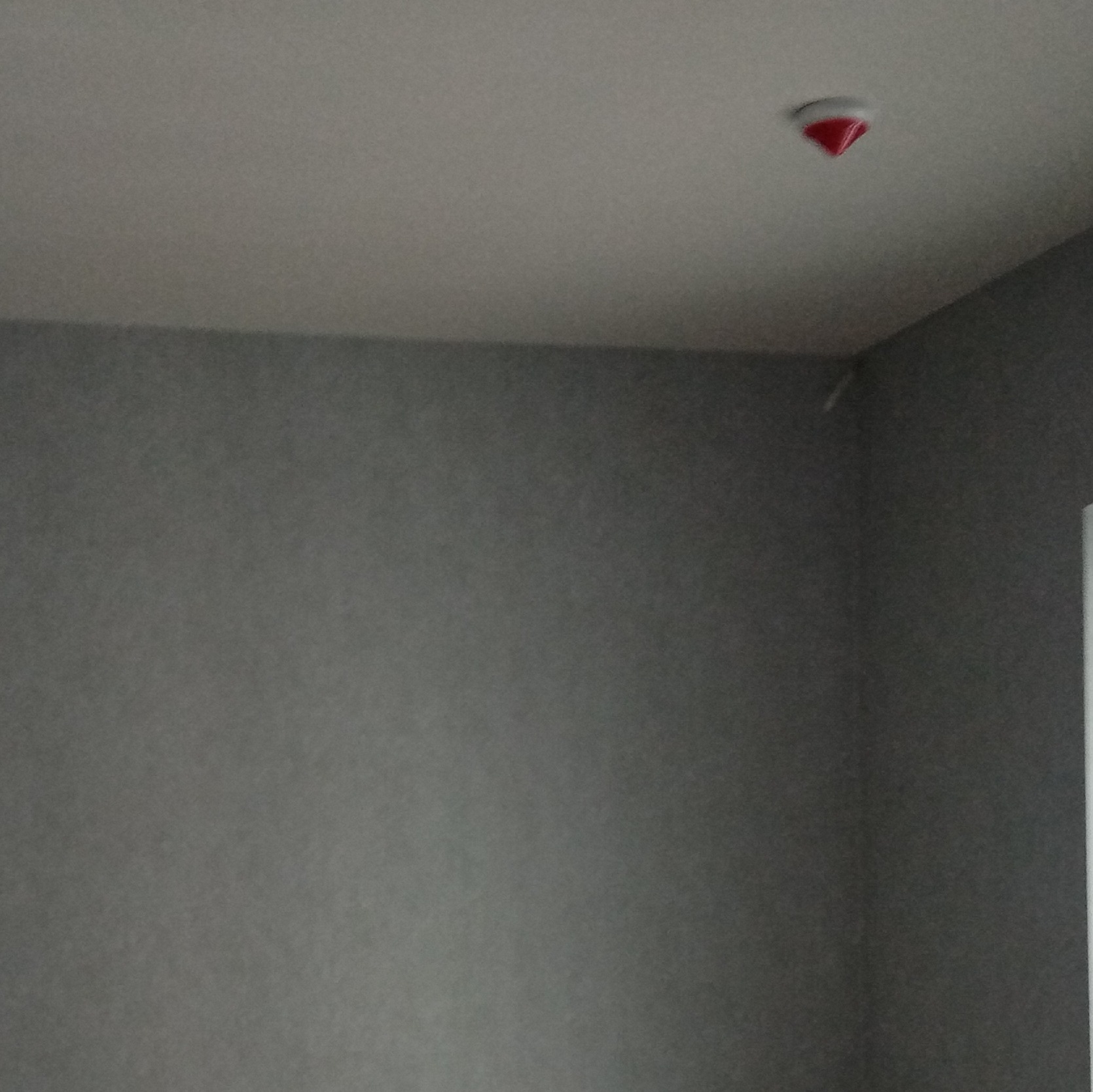 Pomieszczenie po świeżym malowaniu na szaro, widoczny czujnik dymu na suficie i minimalne niedociągnięcie w rogu ściany.